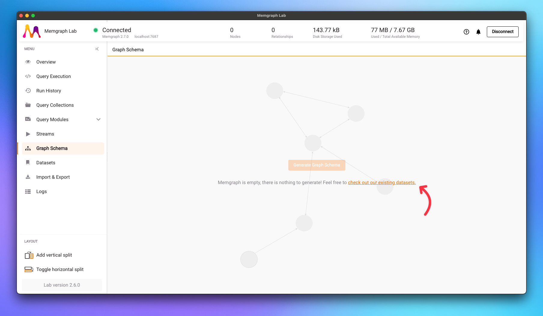 Screen shot showing a Memgraph Lab application and a red arrow pointing to the check out existing datasets link