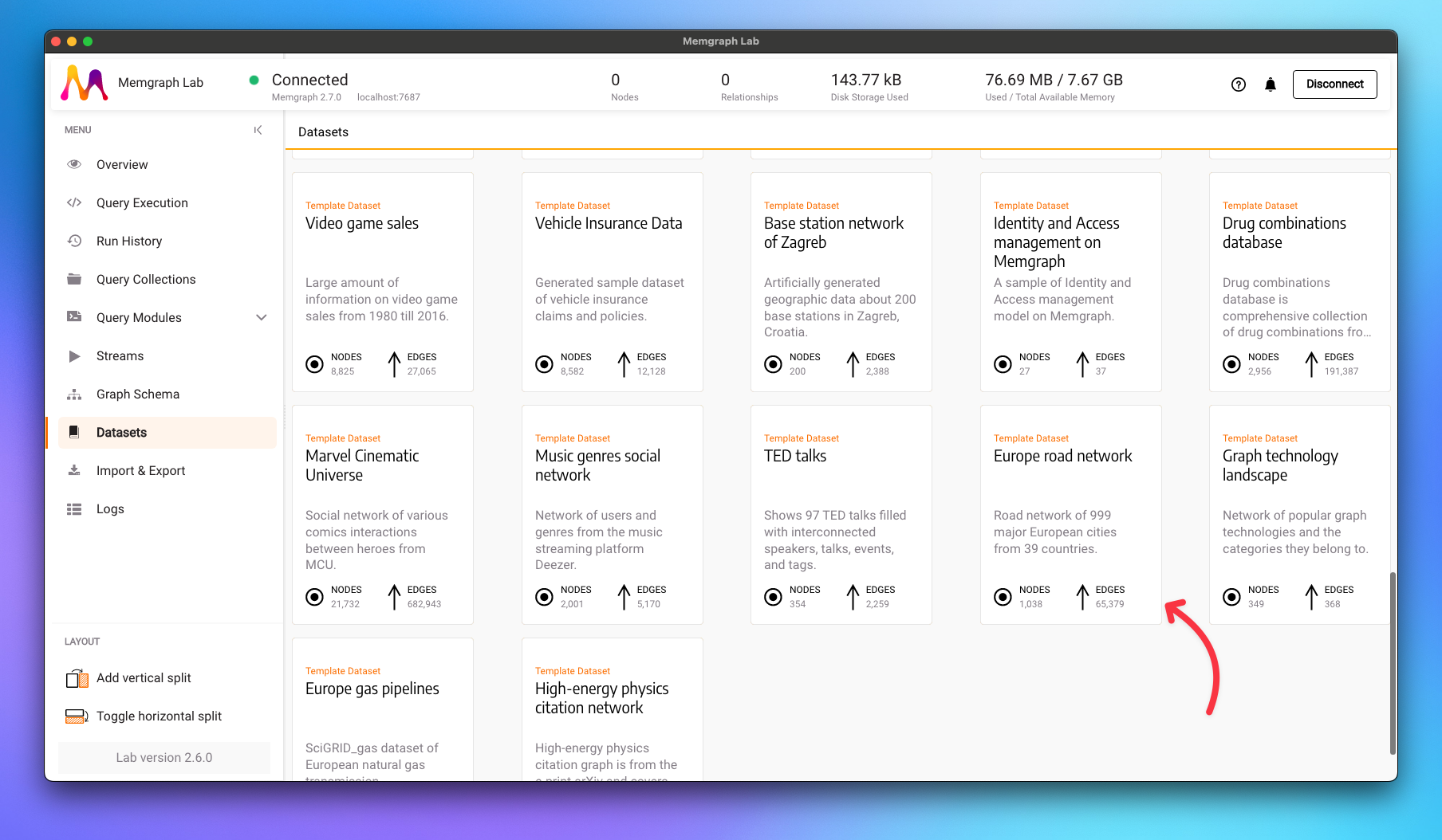 Screen shot showing a Memgraph Lab application and a red arrow pointing to the Europe road network dataset